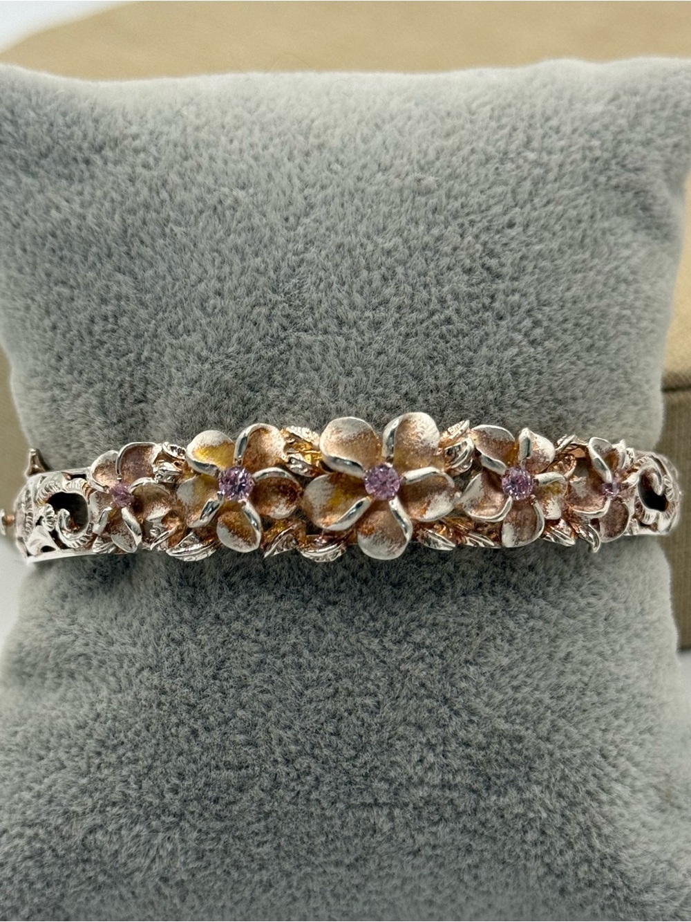 Floral sterling Silver Hawaiian plumeria Bracelet cuff with Pink Stones